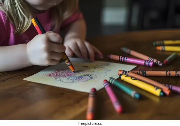 Young Girl Drawing with Crayons on Paper