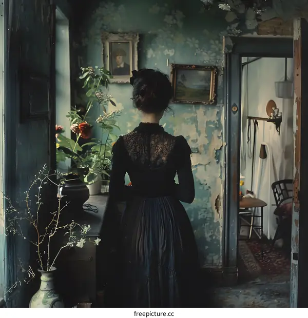 A woman standing in a dark room with a potted plant