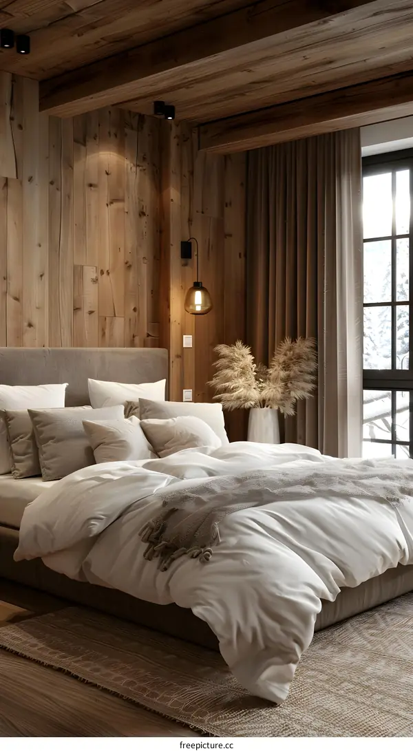 A cozy bedroom with a large bed, a soft rug, and a beautiful view of the snowy forest outside.