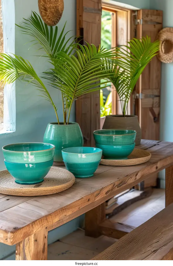 Blue ceramic bowls and vases on a wooden table