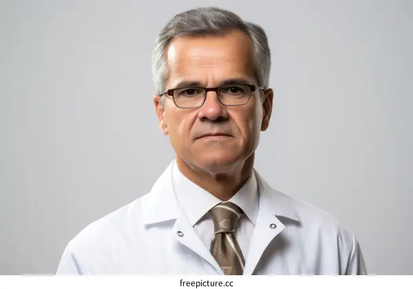 Portrait of a male doctor wearing a white coat and glasses