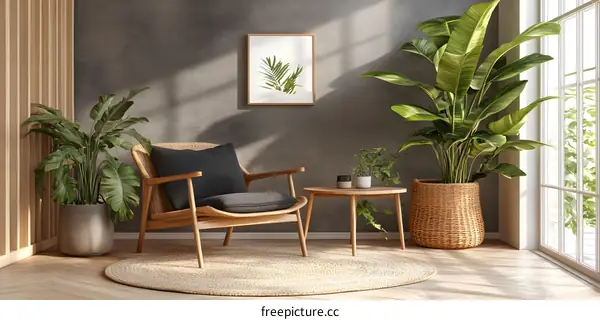 Modern Minimalist Living Room Interior Design with Wooden Chair and Plants