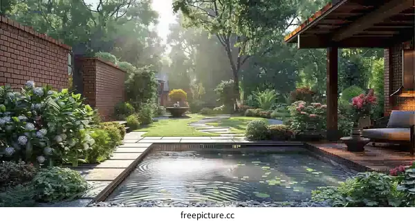 Tranquil Courtyard with Brick Wall and Pond