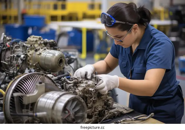 Hispanic woman working on an aircraft engine