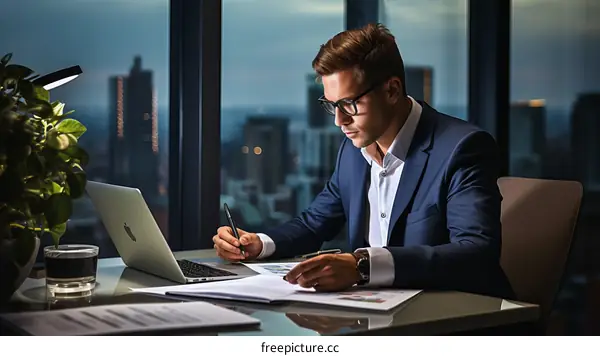 Businessman Working Late at Night in Office