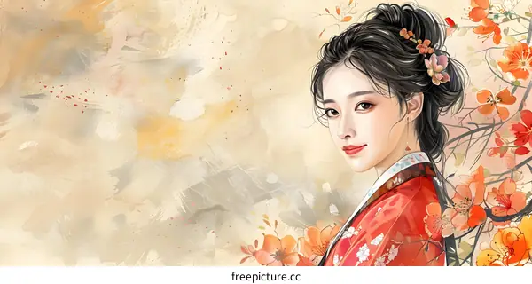 A beautiful Chinese woman in traditional dress is standing in a peach blossom forest