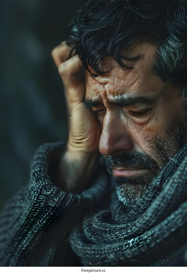 Portrait of a man with a beard and a sad expression