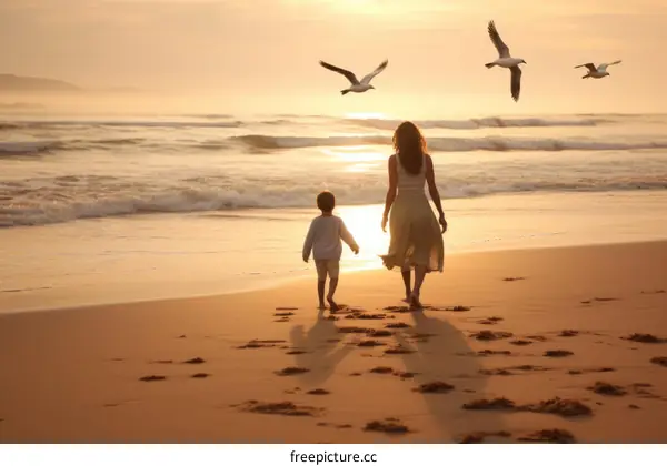 Mother and son walking on the beach at sunset
