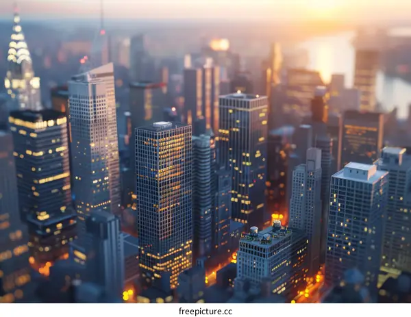 Architectural Model of a City with Illuminated Skyscrapers