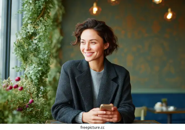 Woman in cafe using smartphone