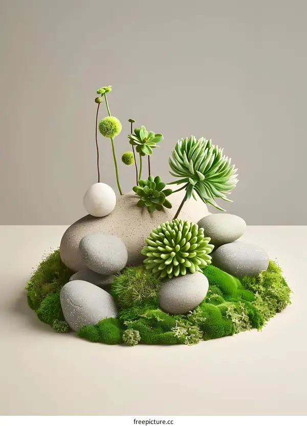 Green Succulents And Stones On Moss Bed