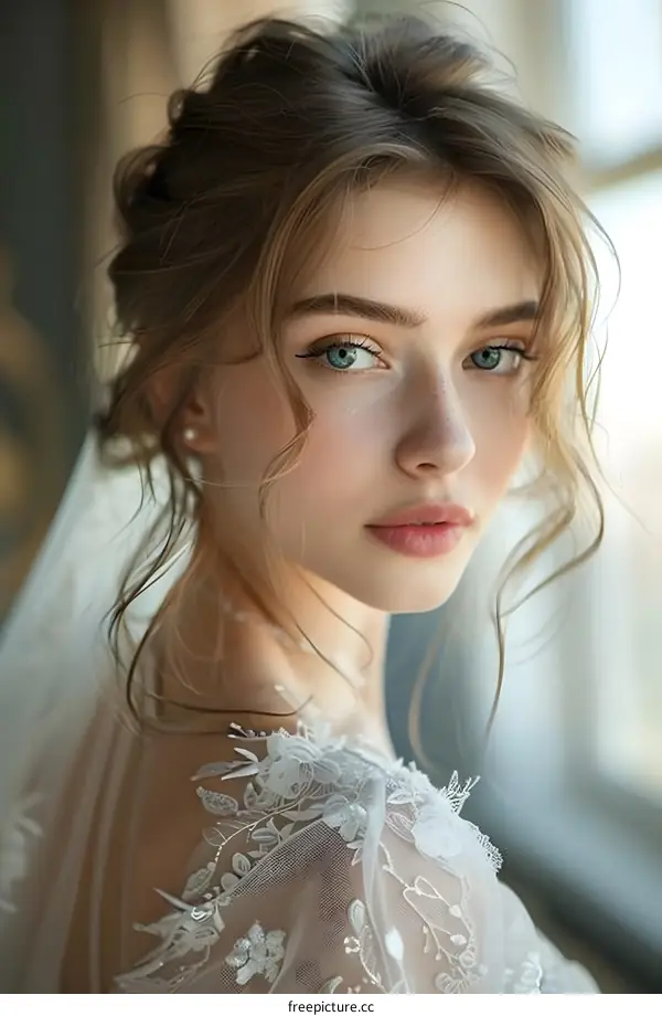 Portrait of a beautiful bride with blond hair and blue eyes