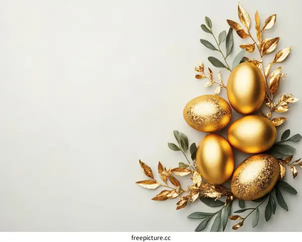 Golden Easter Eggs Arrangement on a Light Gray Background