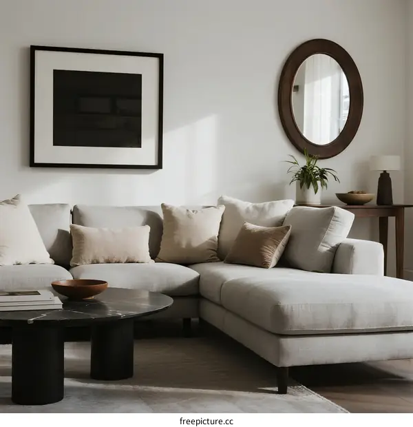 Modern living room with light sofa and elegant wall decor