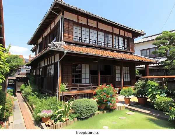 Traditional Japanese House with Garden in Summer