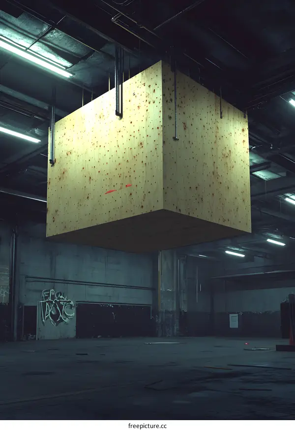Wooden Box Hanging in Abandoned Warehouse