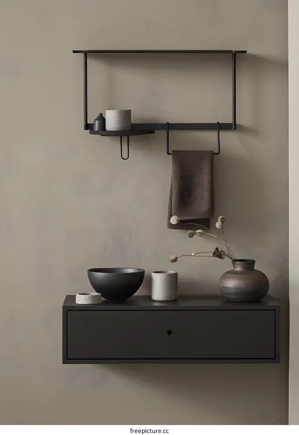 Minimalist Black Wall Shelf With Towel and Decorative Items