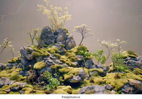 Green Mossy Rocks With Small Plants