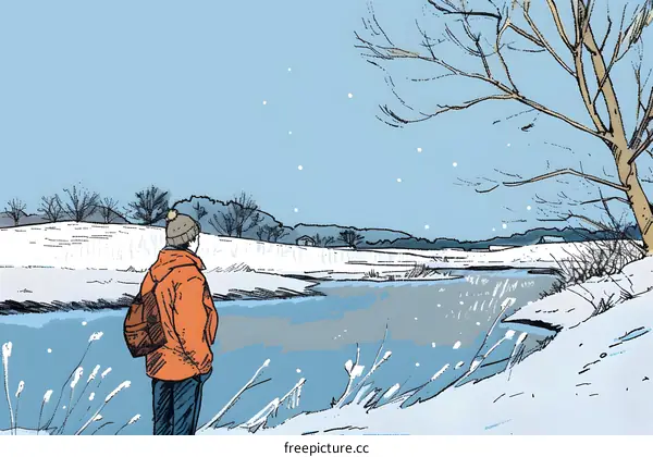 Man in Orange Jacket Stands by the Frozen River