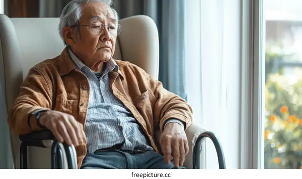Elderly Asian Man Sitting in a Chair by the Window