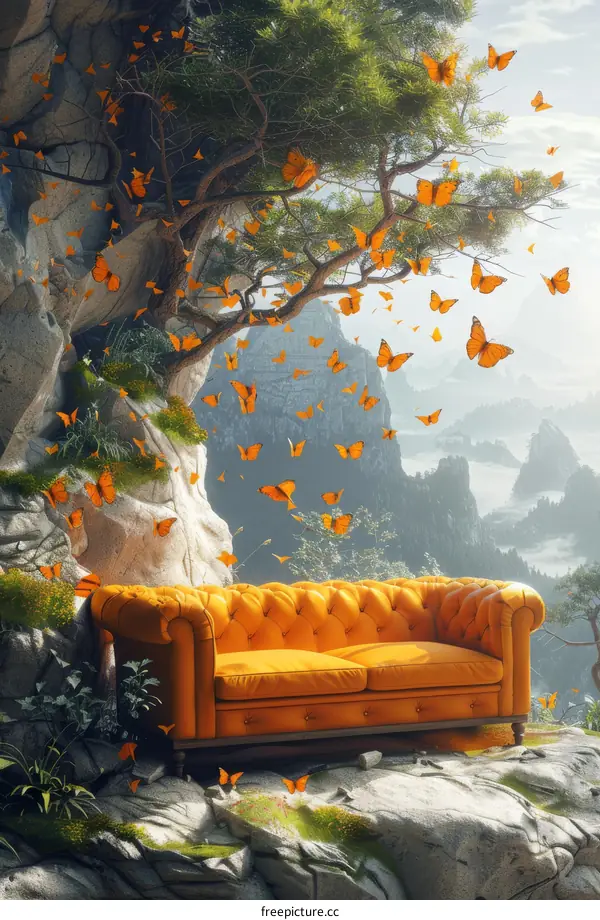 Orange Couch on Edge of Rocky Cliff with Butterflies