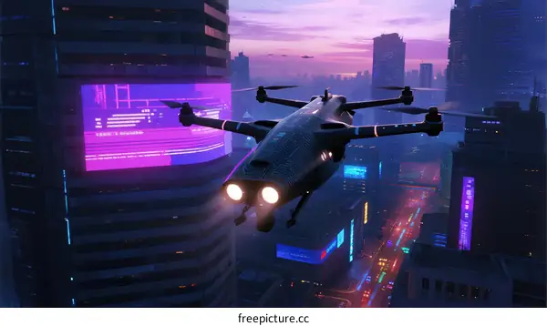 Futuristic Drone Flying Over Modern Cityscape at Dusk