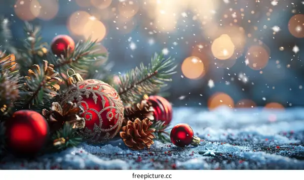Christmas Ornaments on Snowy Background with Blurred Lights