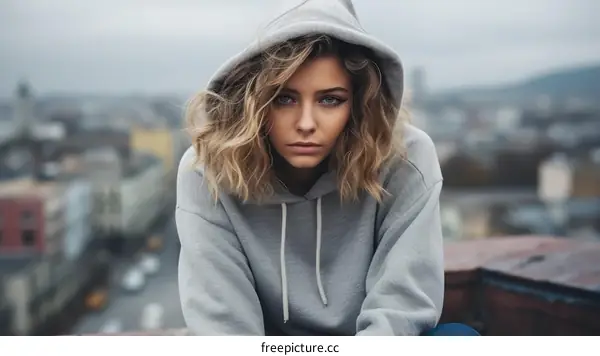 Portrait of a serious young woman wearing a gray hoodie