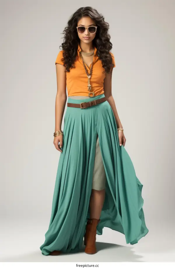 Fashion model with long curly hair wearing orange crop top and green maxi skirt