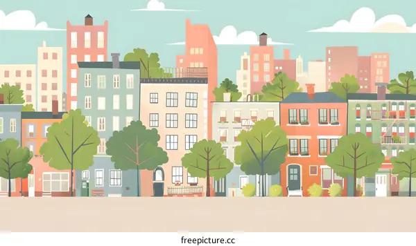 Colorful Cityscape Illustration with Buildings and Trees