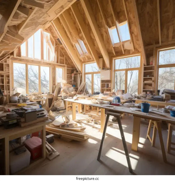 Spacious Carpentry Workshop with Wooden Beams and Large Windows