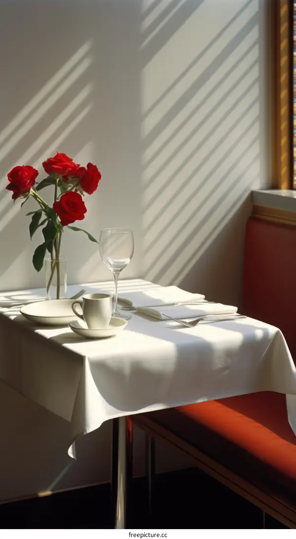 A table set with a vase of red roses, a wine glass, and a coffee cup