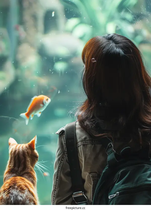 A ginger cat and a girl looking at fishes in an aquarium