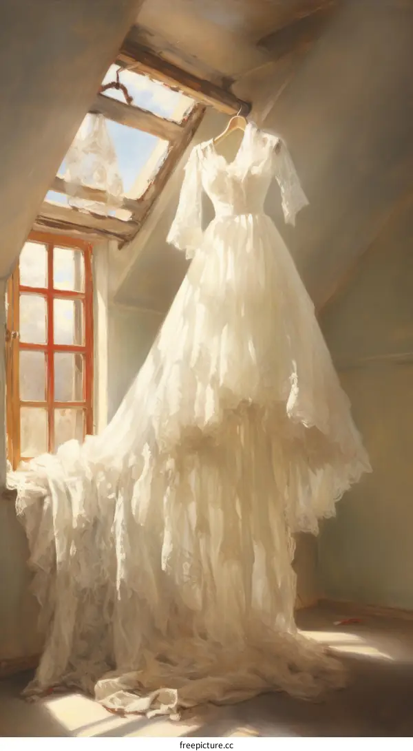 A beautiful white wedding dress hanging in an attic
