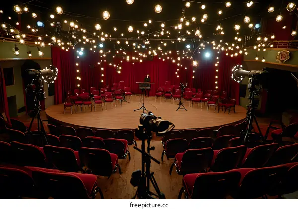 Empty Stage with Red Curtains and Camera