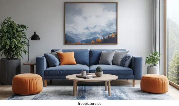 Cozy Living Room with Mountain View Artwork