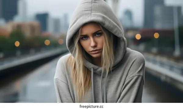 Portrait of a serious young woman in a gray hoodie looking at the camera with a neutral expression