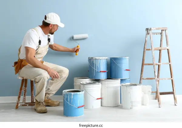 Painting a Light Blue Wall with Worker