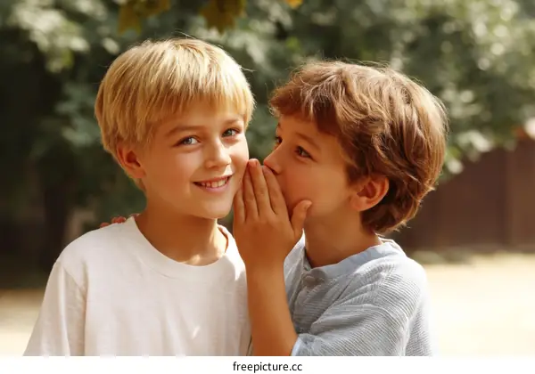 Two Children Sharing a Secret Outside