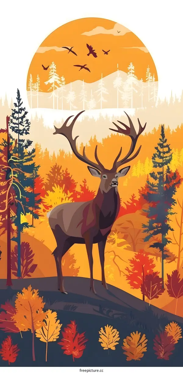 Majestic Deer in Autumn Forest Landscape Illustration