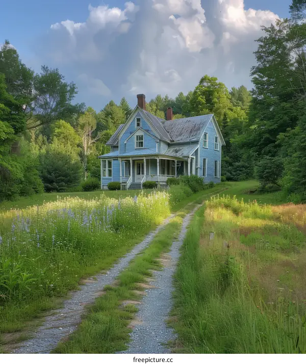 Small Blue House Surrounded by Trees and Flowers