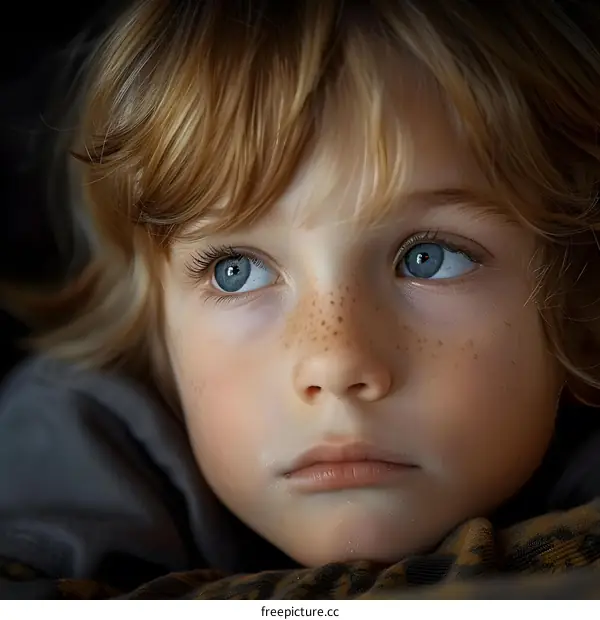 Portrait of a boy with freckles and blue eyes