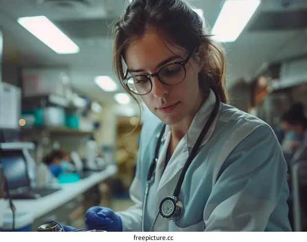 A female doctor is working in a hospital.