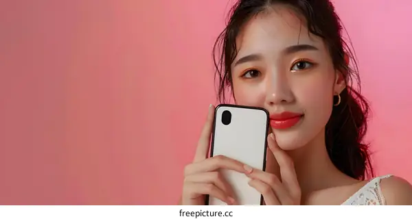 Asian Woman Holding Smartphone With Pink Background