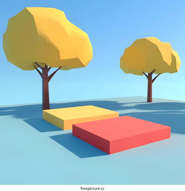 Simple 3D Rendered Illustration of Yellow Trees and Platforms on a Blue Background