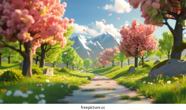 Fantasy Landscape with Pink Trees and Majestic Mountains