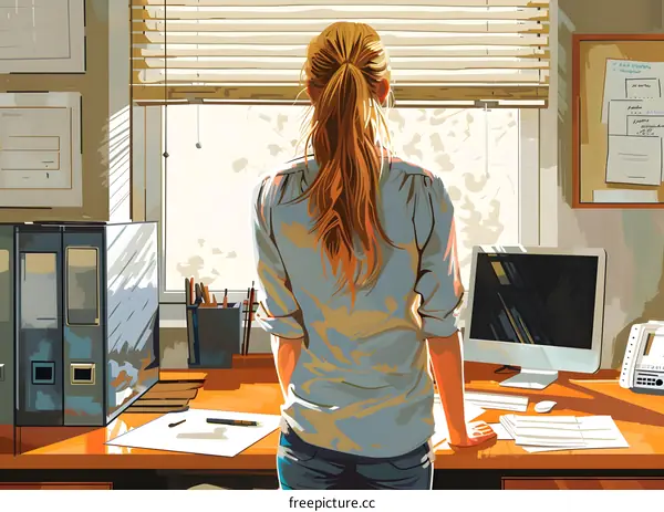 A woman standing in front of a window looking out at the city