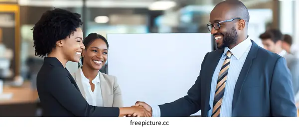 African American Business Professionals Shaking Hands in Office
