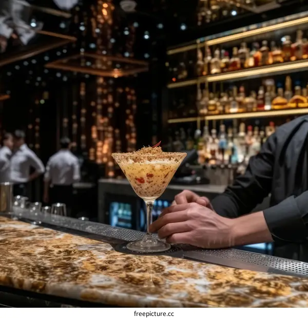 Bartender holding a martini glass with a foamy top