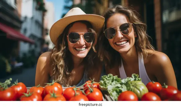 Two young women at a market stall with fresh produce